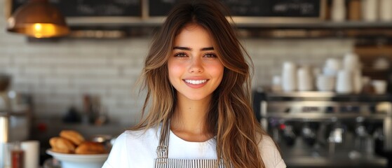 Fototapeta premium A smiling barista stands in a welcoming café filled with breakfast pastries and warm ambiance