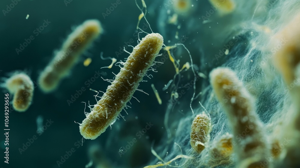 Aufkleber visual of brown rod-shaped bacteria, enveloped in fuzzy surroundings, representing microbial diversi