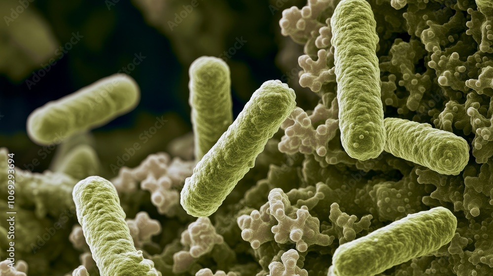 Aufkleber cylindrical green bacteria prominently displayed with intricate surface textures, situated in a text