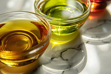 Three colorful oil bowls on marble surface with sunlight reflections