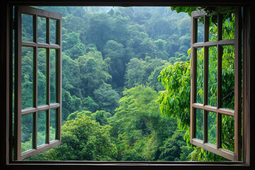Window View of Dense Jungle from Canopy Walkway &ndash; Tropical Forest Trekking Concept