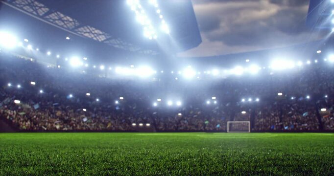 4k video of a professional football stadium with animated crowd at night. The stadium was made in 3d.