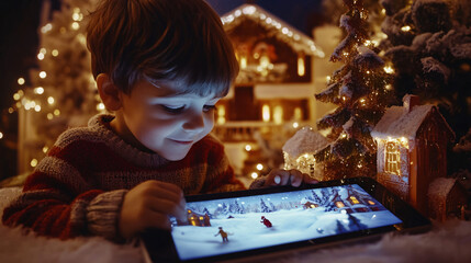 Fototapeta premium A child engaging with an interactive Christmas story app, immersed in a magical winter tale on a tablet.