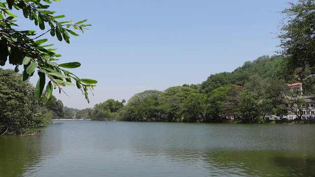 Panorama daylight view of the beautiful Kandy Lake in central Kandy, Sri Lanka