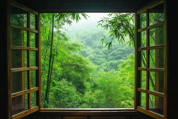 Window View of Dense Bamboo Forest from Traditional Inn &ndash; Tranquil Retreat Concept