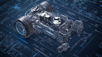 A highly detailed technical blueprint showcases the intricate structure of a car engine, emphasizing mechanical design and engineering excellence.