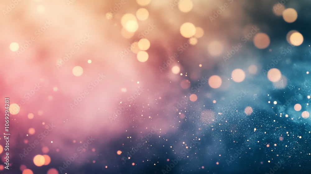 Poster an atmospheric bokeh background features golden soft lights blending into blues and pinks, creating 