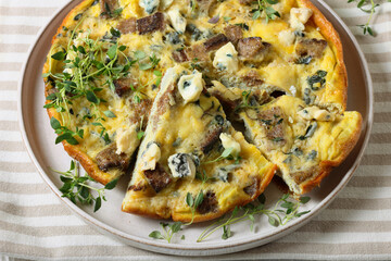 omelette with blue cheese, rye croutons and thyme