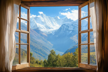 Window View of Snowy Peaks from Teahouse in Himalayan Village – High-Altitude Trek