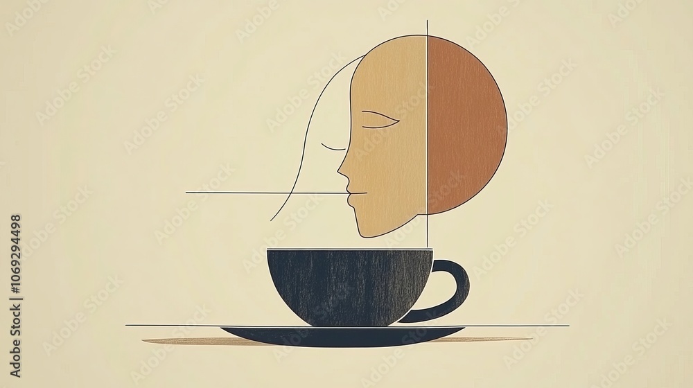 Poster conceptual illustration of a coffee cup with a womans face half emerging from the cup blending surre