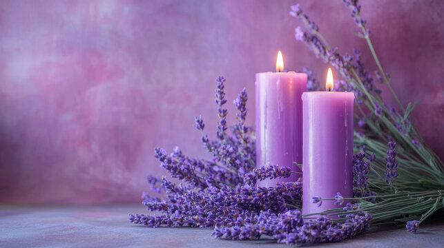 A peaceful and soothing composition featuring candles and lavender flowers arranged on a soft-colored background.