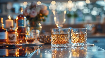 Two glasses of whiskey on a bar counter
