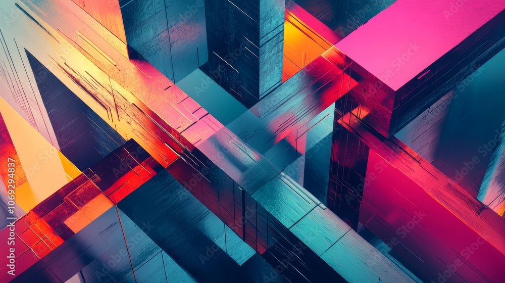 Poster the image depicts a futuristic cityscape composed of intersecting geometric structures in vibrant hu