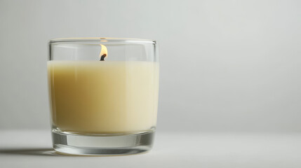 A simple and elegant depiction of a glass filled with a wax candle, set against a clean white background. 