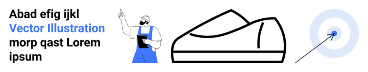 Worker holding tablet, cinematic sneaker design, blue-grey concentric target. Ideal for business, marketing, productivity, professionalism, fashion, innovation, strategy Landing page