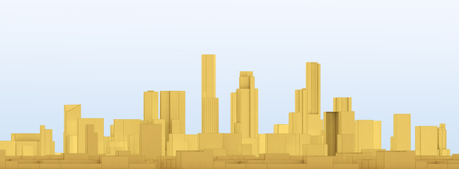 Minimalist cityscape with tall, golden buildings against a soft blue sky. 3d rendering