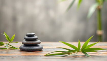 Spa stones and bamboo leaves on table against blurred background. Space for text isolated with white highlights, png