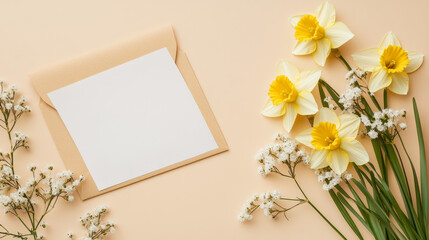 Send warm greetings for the spring holidays with a charming top-view composition. 