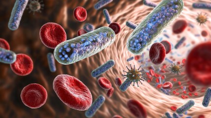A conceptual bloodstream illustration featuring red blood cells and bacteria, exploring the complex interaction within the circulatory system, full of color and detail.