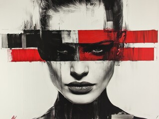 Abstract portrait of woman with red and black geometric elements.