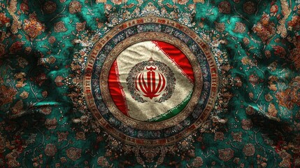 Fototapeta premium The flag of Iran displayed on a colorful patterned fabric.