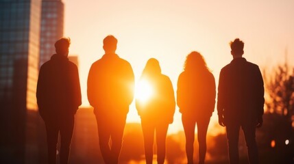 Fototapeta premium silhouettes of people standing against a vibrant sunset