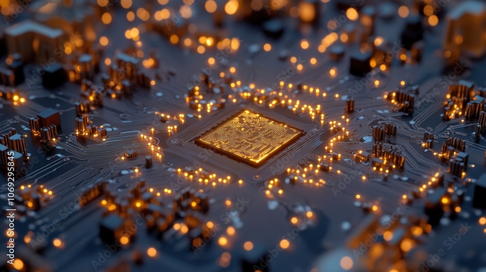 Poster glowing circuit board with golden processor in the center