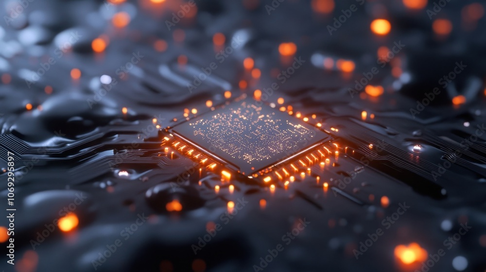 Poster glowing computer chip with sparkling lights on a dark background