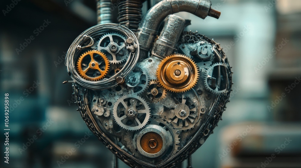 Aufkleber a heart-shaped mechanical structure featuring various interlocking gears and pipes, symbolizing the 