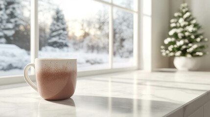 Hot chocolate mug on a white marble counter in front of a bright window with winter landscape view