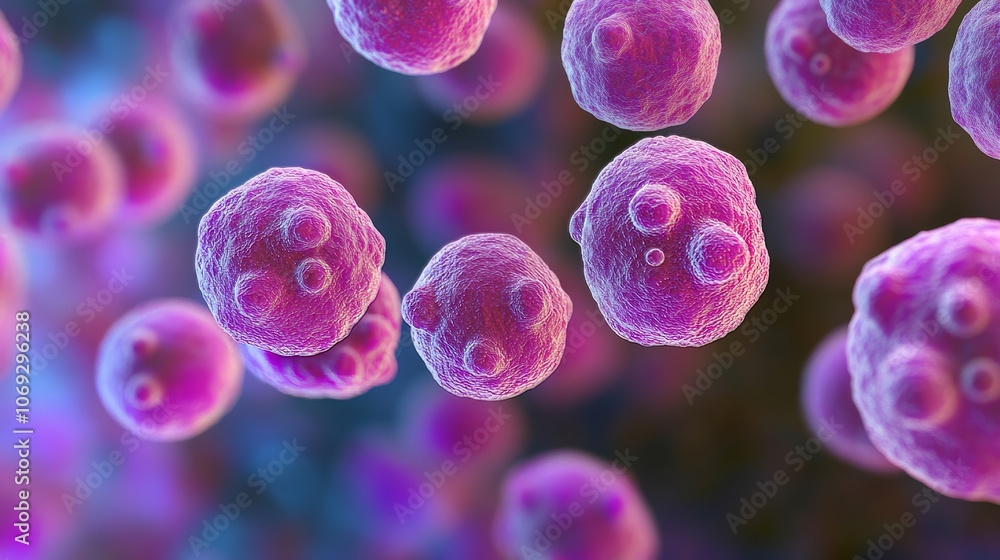 Poster close-up view of vibrant purple cells floating in a blue microscopic environment, showcasing the int