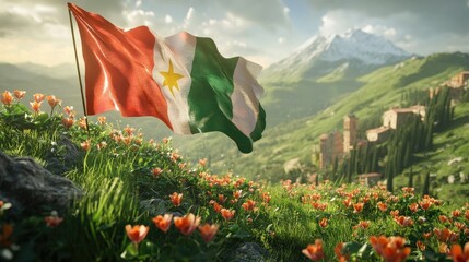 A Kurdish flag waves proudly against a backdrop of a lush green mountainside, with a small village nestled in the distance.