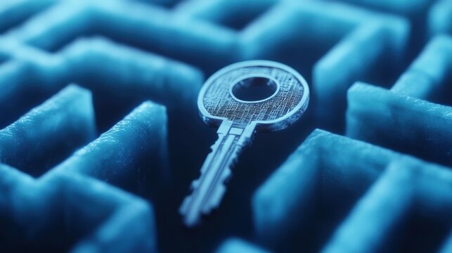 a close-up view of a metal key with a textured surface surrounded by blue-toned abstract shapes
