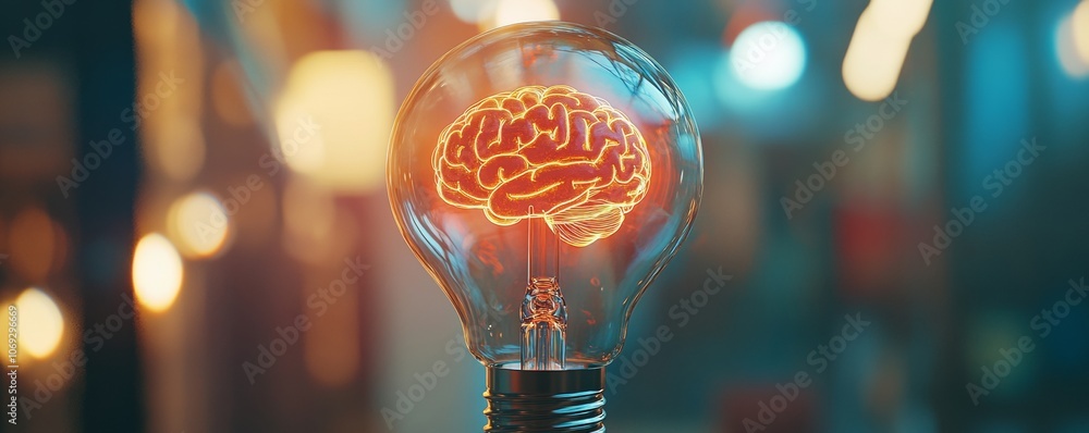 Poster light bulb with brain inside, symbolic and creative concept