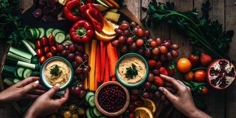 Naklejka premium Vibrant Vegetable Platter with Hummus Dip 