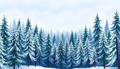 Fototapeta premium Winter forest. Watercolor illustration. Horizontal seamless pattern, comic art