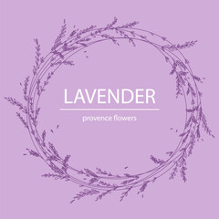 lavender flowers, wreath of leaves, outline of lavender with a line, graphic image of lavender in a circle _.eps