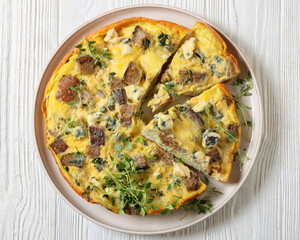 omelette with blue cheese, rye croutons and thyme
