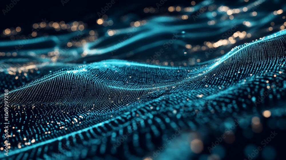 Poster an abstract digital wave of luminous blue lights flowing and rippling, creating a futuristic, ethere