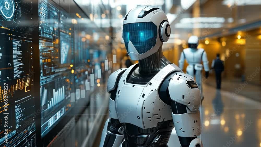 Poster high-tech robot analyzing data in a futuristic research facility during daytime operations