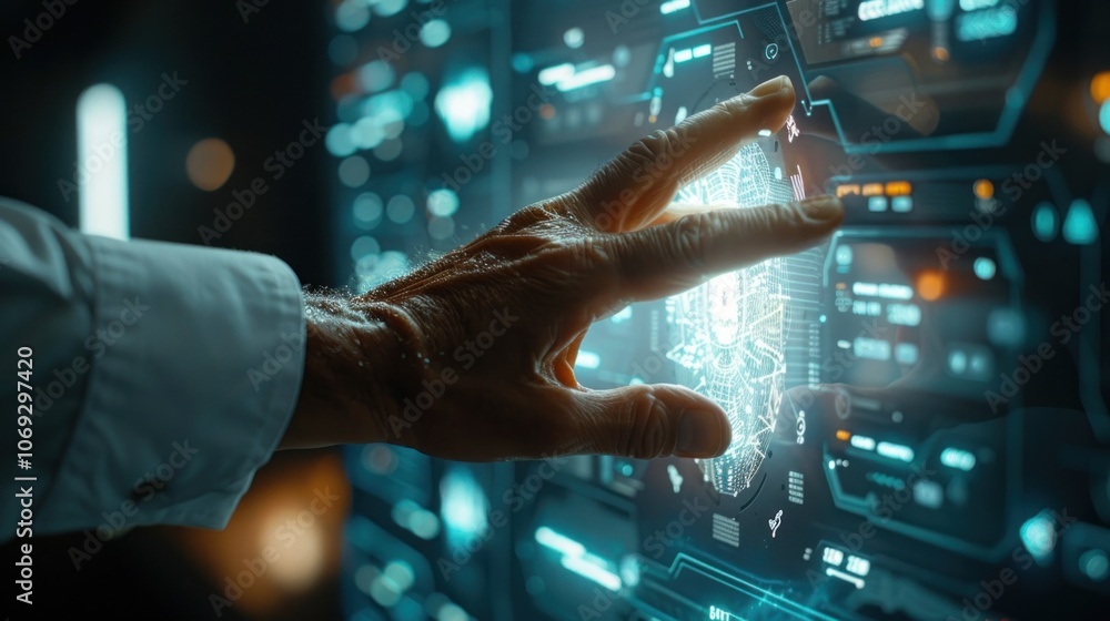 Poster interactive technology: hand interacting with a futuristic interface