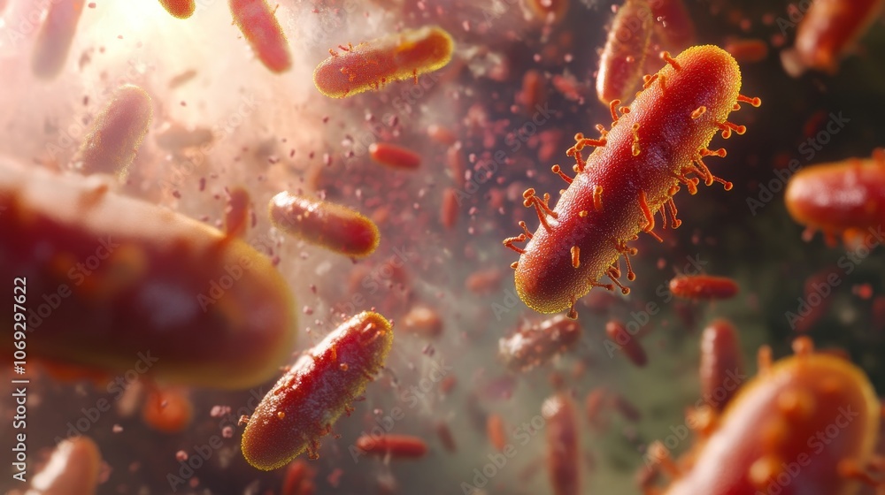Poster a colorful, artistic 3d illustration captures bacteria in motion, highlighting the intersections of 