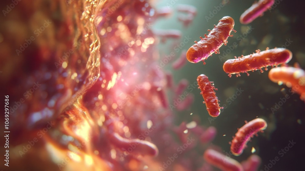 Poster a vibrant scene depicts a microbial landscape with various cellular forms, using dynamic colors and 