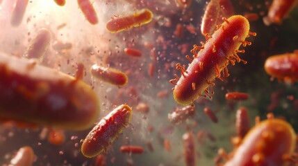 A colorful, artistic 3D illustration captures bacteria in motion, highlighting the intersections of biological science and vibrant creativity in a dynamic style.