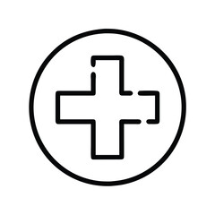 Outline Cross Medical Icon Symbol, Black outline icon of a cross symbol, representing healthcare, medical services, emergency aid, and first aid assistance.
