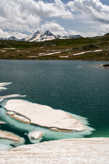 Blue water, ice and mountains in the Alps. Grimsel Pass