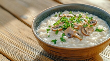 Gourmet Mushroom Risotto in Rustic Bowl on Wooden Table