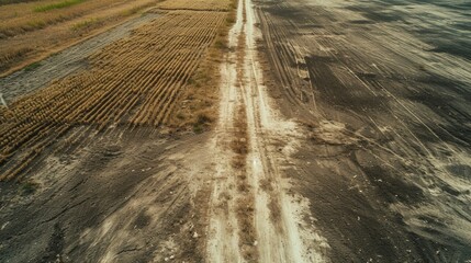 Long view of desolate rural path dividing dry and crop fields for environmental impact design