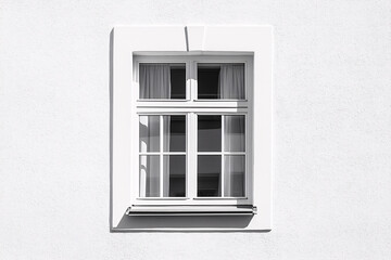 A white-framed window on a plain white exterior wall shows a minimalist design with symmetry and simplicity in architecture
