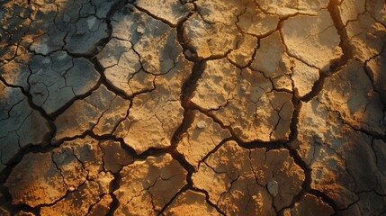 Arid desert cracks and dried soil patterns in golden light